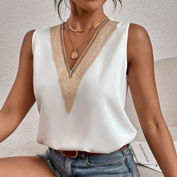 New Guipure Lace Panel sleeveless Blouse Top Ivory White - Picture 5 of 7